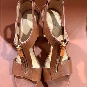 MICHAEL Michael Kors Tan Leather Sandals with Gold Zippers